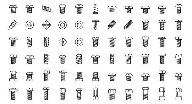 Technical line drawings of various screw heads and drive types including flat philips torx and hex for engineering.