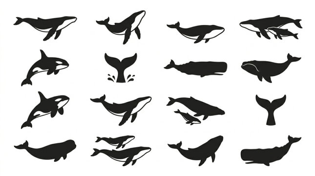 Silhouettes of various whale species.