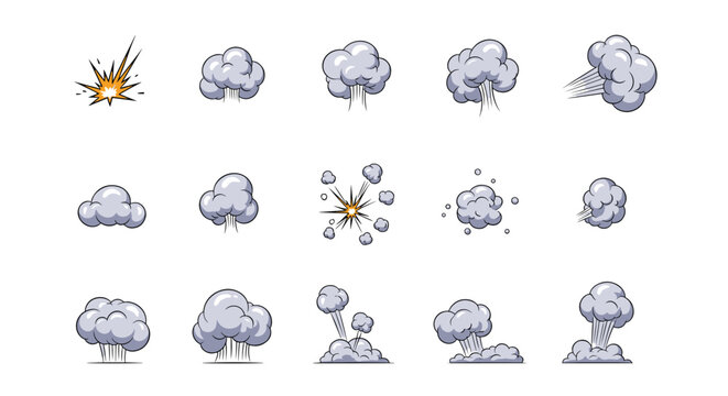 Cartoon smoke and explosion effects set with various gray clouds and small orange blasts for animation assets.