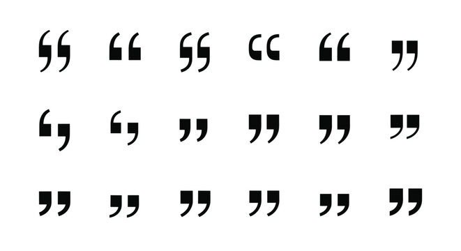 Diverse set of black quotation mark symbols in various typographical styles and shapes arranged in a grid on white.
