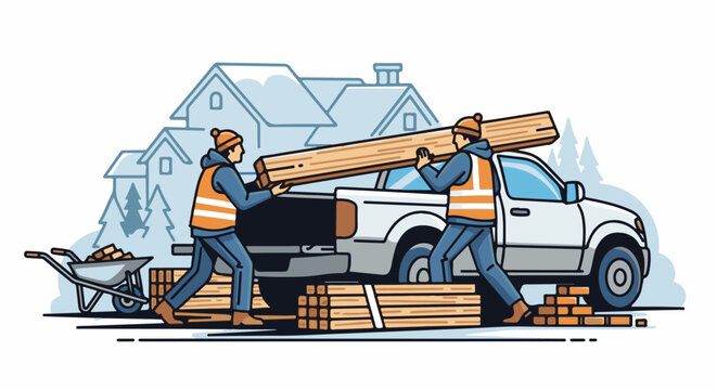 Two men in reflective vests unload lumber from a truck in a snowy environment