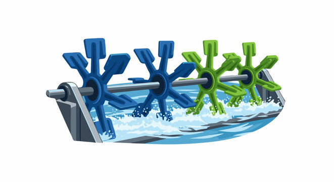Water wheels agitate water, creating frothy waves and splashes
