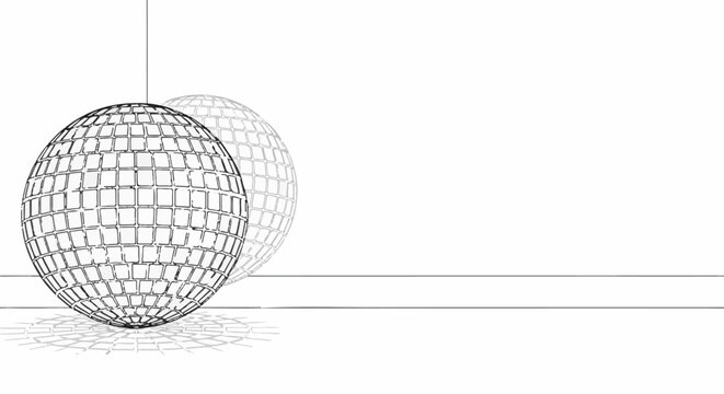 Wireframe disco ball hanging with a faint reflection and shadow on a white background
