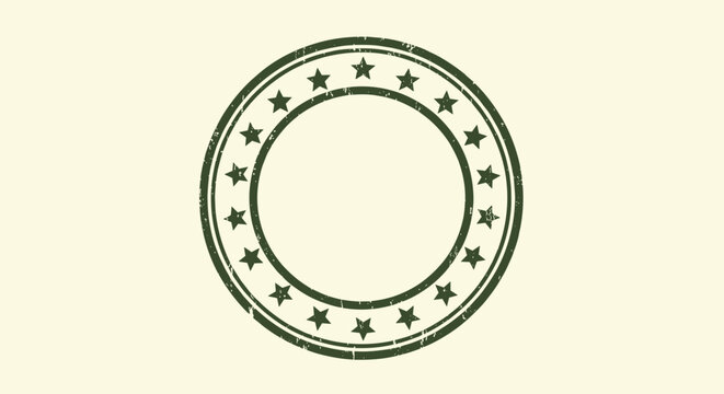 Blank circular green distressed stamp border with stars between double lines isolated on a light beige background.
