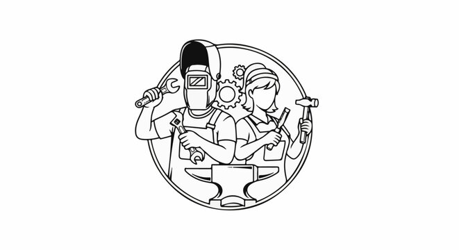 Two workers, a welder and a smith, stand with tools and an anvil inside a circle
