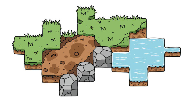 Isometric game map tiles, hand drawn landscape terrain vector, green grass dirt and water blocks, cartoon world building assets for mobile gaming