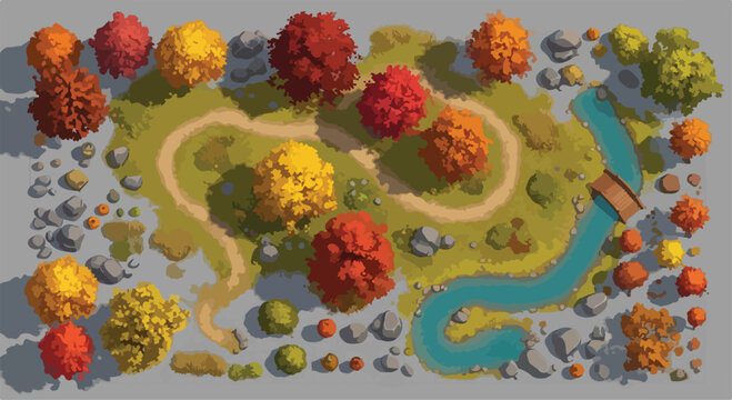 Autumn forest landscape game assets, isometric fall trees and river vector set, colorful foliage nature elements for map design and environment building