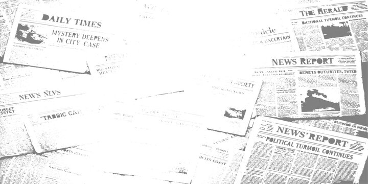 Black and white vintage newspaper collage with distressed torn paper texture grunge editorial headlines chaotic media background for retro design