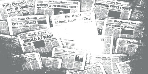Obraz premium Vintage newspaper clippings background with grunge torn paper effect black and white distressed headlines chaotic media collage texture for editorial design