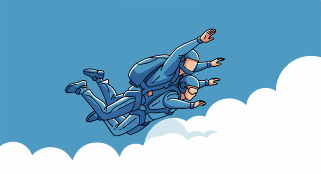 Two people in blue jump suits tandem skydiving through fluffy white clouds
