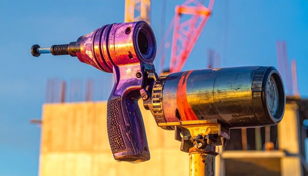 "Close-up of socket wrench in gloved hand, construction site background with concrete columns and steel bars, symbolizing labor, engineering, and structural progress."