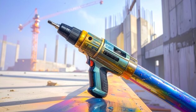 "Close-up of socket wrench in gloved hand, construction site background with concrete columns and steel bars, symbolizing labor, engineering, and structural progress."