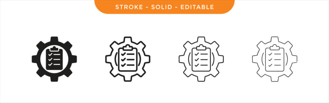 Workflow and task management icons with checklist clipboard and gear system, process control and quality assurance concept, business operations planning and workflow tracking icon setn
