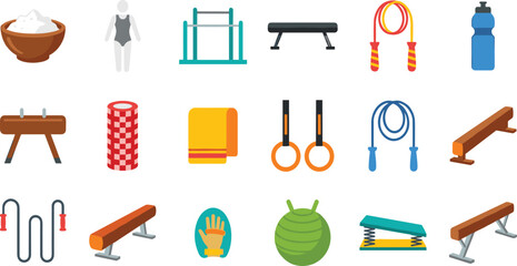 Gymnastics and Fitness Equipment Icon Set Including Parallel Bars Rings Balance Beam Vault Horse Jump Rope Chalk Bowl and Training Accessories Vector Illustration. © MstSuborna
