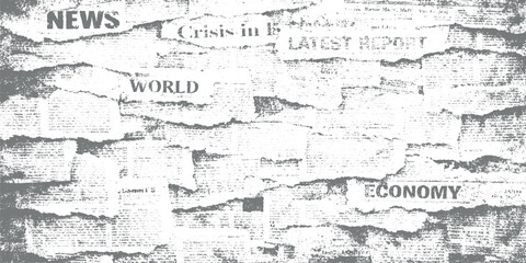 Fototapeta premium Distressed grunge newspaper collage background with torn paper texture monochrome black and white vintage headlines chaotic editorial texture overlay design