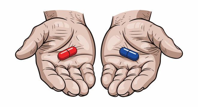 Two open hands, each holding a single pill one red, one blue