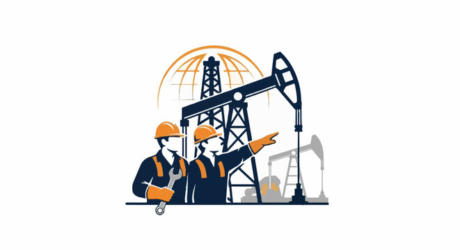 Two workers overseeing oil pumpjacks and a rig with a globe emblem