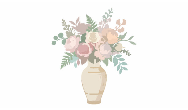 Elegant floral vase vector illustration with blooming roses and peonies in minimal flat style isolated on white