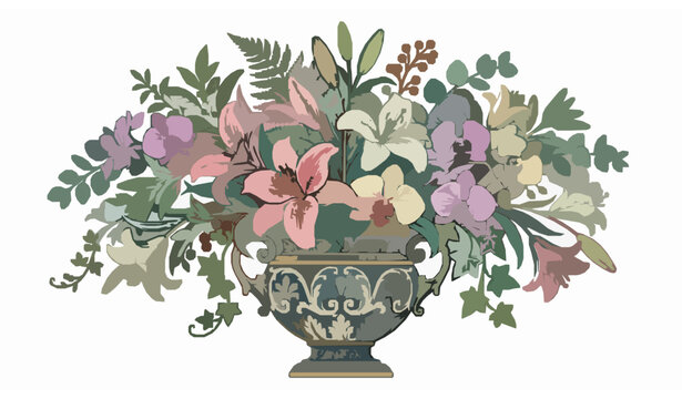 Vintage ornate floral vase vector illustration with lilies and orchids in detailed decorative style isolated on white