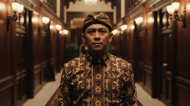 Javanese man wears traditional batik attire and headwear. He stands in a well-lit hallway, his patterned shirt a focus. The image suggests cultural heritage and formal style.