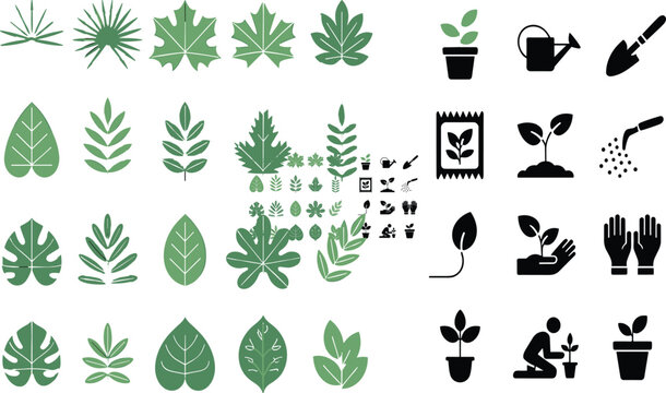 Collection of green leaf icons and gardening silhouette illustrations showing plants, tools, watering, planting, and horticultural activities for eco design, education, and environmental concepts
