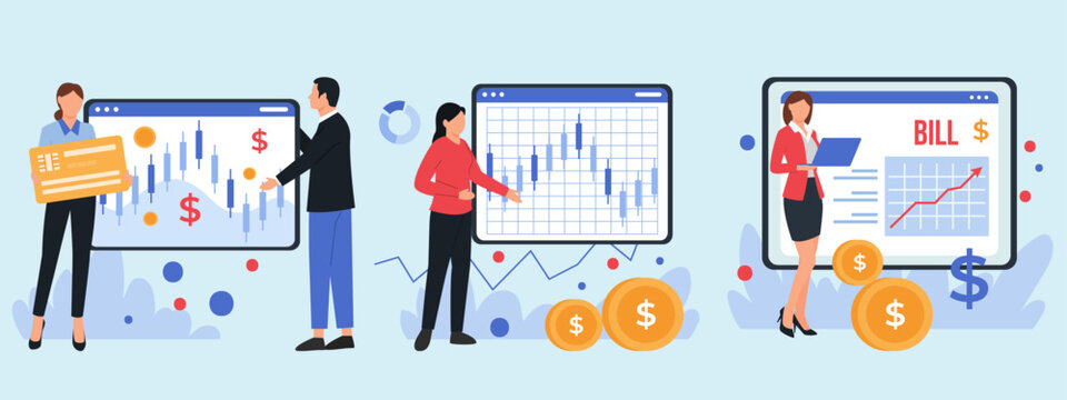 Financial trading flat vector set, business people analyzing stock market charts and investment data, professional traders monitoring crypto exchange