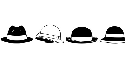 Fototapeta premium Hats icons illustration set with three fedora and straw styles, simple vector gear symbol for fashion design projects
