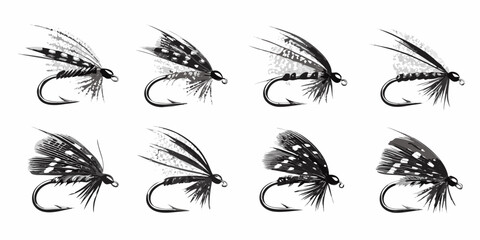 fishing flies collection monochrome watercolor style on white background © krishna