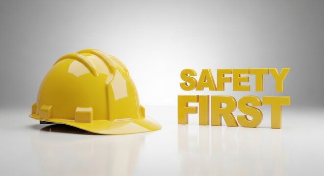 A yellow hard hat sits next to SAFETY FIRST text on a reflective surface