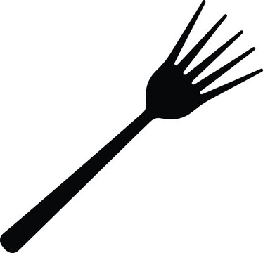 Black silhouette fork illustration with four tines, diagonal vector design symbolizing food, dining, kitchen utensil, restaurant, cooking, meal, culinary concept
