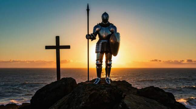 Knight in full armor stands on rocky shore with spear and shield. Christian cross symbol stands nearby at sunrise. Battle readiness against spiritual darkness and evil.