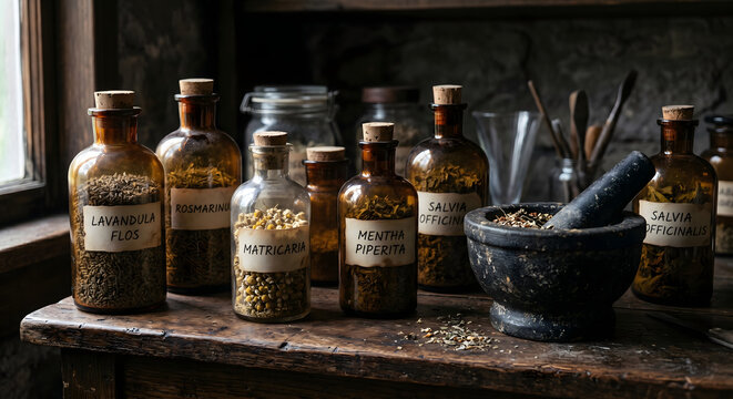 Vintage apothecary bottles with dried herbs and stone mortar on rustic wooden table in a dark moody laboratory