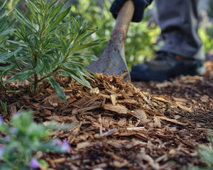 Fototapeta premium Spreading Mulch Around Plants to Retain Moisture Close-Up