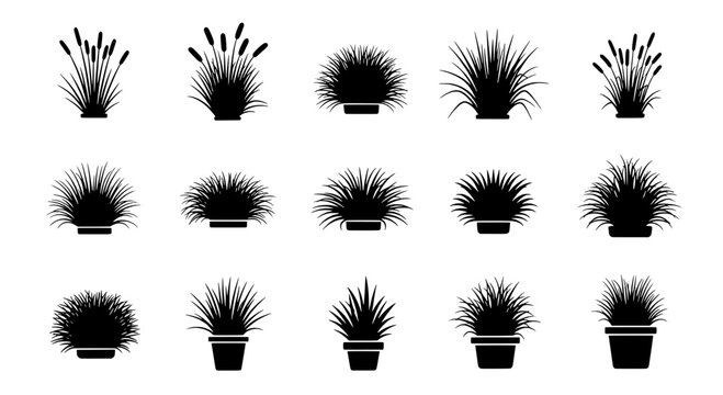 Hedgehog grass silhouette icon set with spiky tuft texture in minimalist vector style for logo and web UI design
