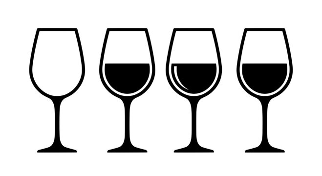 Wine glasses set with varying levels of red wine in each featuring glassware, drinkware, empty glass with half full and nearly full elements for full