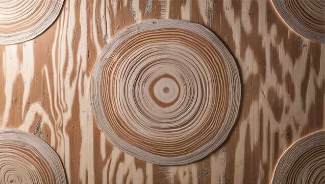 Wooden tree ring cross-sections on plywood panel texture with circular pattern and natural grain. Wooden background.