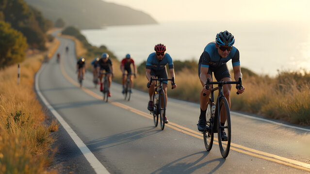 Cyclists racing on coastal roads. Vibrant colors of cycling gear and bikes. Aerodynamic techniques for speed. Best coastal cycling routes for enthusiasts.