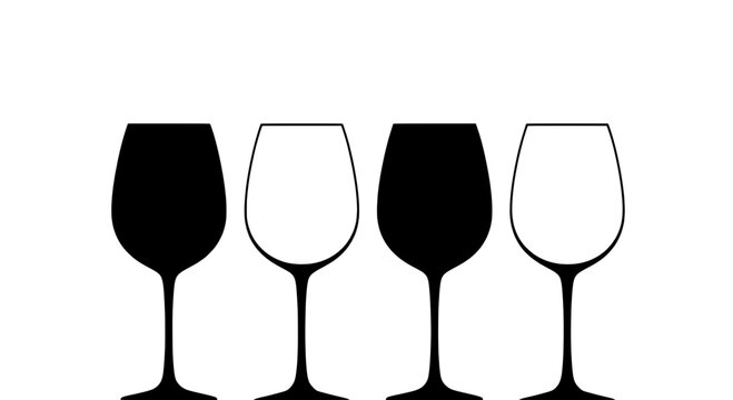 Wine glasses set with two filled and two empty, elegant and minimalist design featuring black and white, drinkware, barware with dinnerware and table