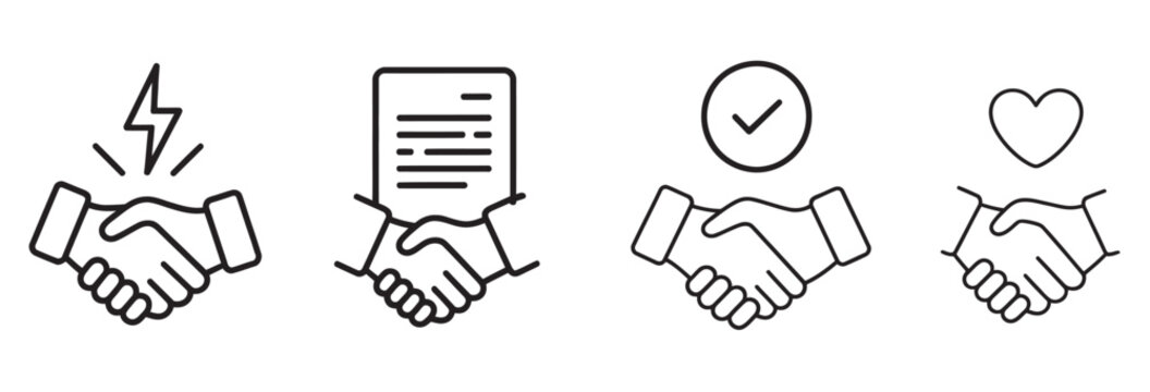 Set of handshake icons representing business agreement contract success and partnership