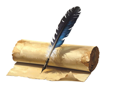 Antique feather quill pen with old scroll paper
