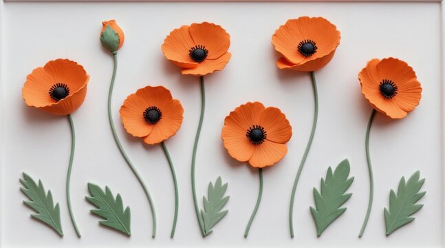Orange poppies with green stems and leaves create a minimalist bas relief design. White background highlights flower forms. Simple art composition good for cards and decor.