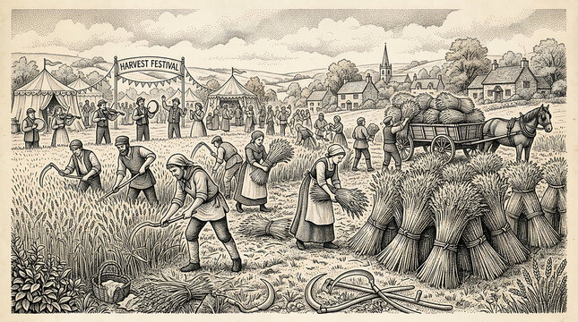 Vintage field workers harvesting crops with farming equipment agriculture countryside traditional equipment collection vegetable pastoral lifestyle sustenance