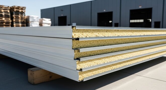 Stacked insulated panels lean on warehouse loading dock outdoors
