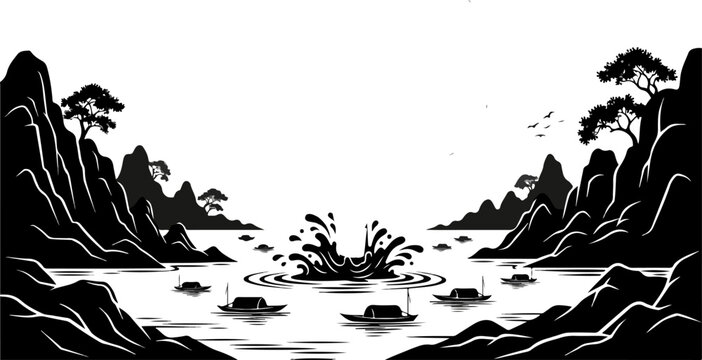 Serene Mountain Bay Silhouette with Traditional Boats and Dynamic Water Splash