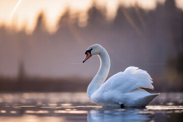 Elegant white swan swimming on calm lake water during golden sunset light with soft cinematic background and peaceful wildlife atmosphere. © AI illustration 