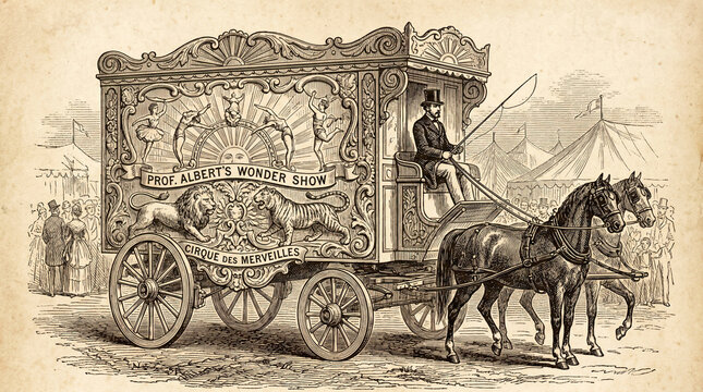 Vintage engraving style illustration of an ornate circus wagon pulled by two horses with a driver in a top hat on a weathered parchment background surrounded by circus tents and a crowd