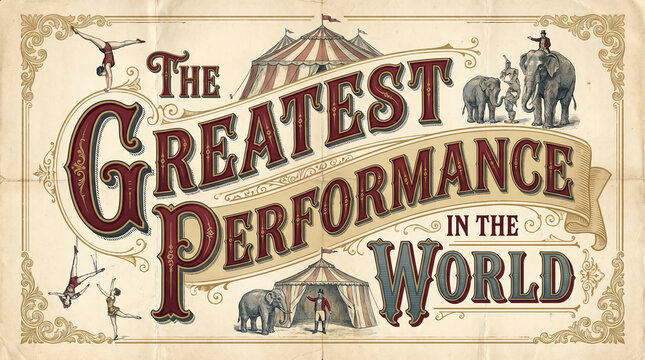 Vintage circus poster background featuring the greatest performance in the world text with circus tents elephants acrobats and ringmaster on aged paper with ornamental frame