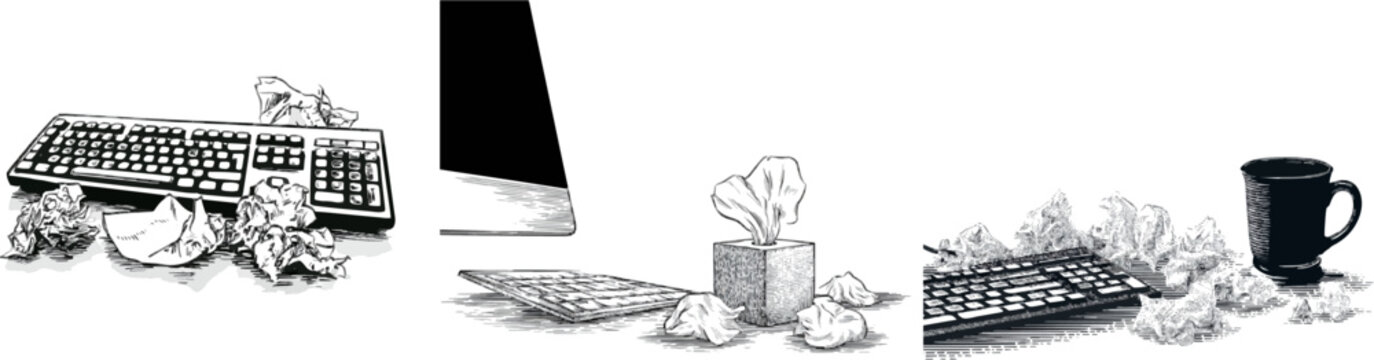 A cluttered desk with crumpled tissues and a generic keyboard, set against a stark white backdrop in a detailed black-and-white illustration style