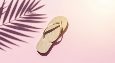 Fototapeta premium Beige flip flop sandal resting on pink striped surface with palm leaf shadow