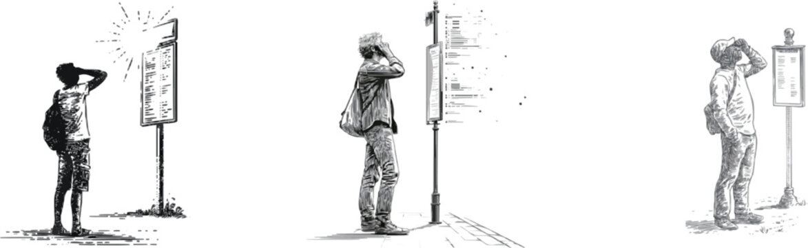 A person in casual wear stands on a sidewalk, squinting at a generic bus stop schedule in the bright sun, isolated against a pure white background with intricate black-and-white engraving details